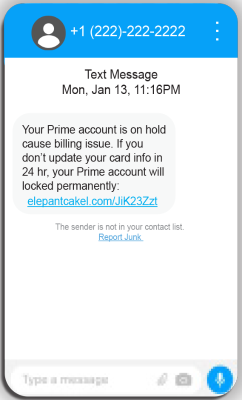 Smishing example, image of phone screen showing text message that account is on hold due to billing issue