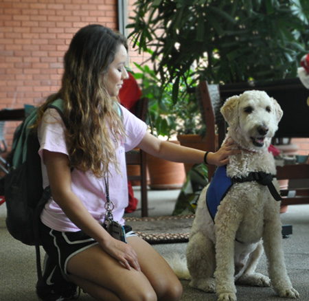 Student petting dog
