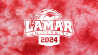 The Lamar University logo with "2024" below it over a red and white tie-dye image