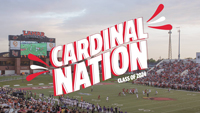 A high up image above a football field with the words Cardinal Nation in big bold font over the image