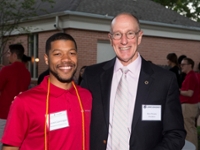 Lamar University Ambassadors attended a welcome party at the home of President and Mrs. Evans. Pictured is SGA President and Senior Ambassador Aaron Lavergne with President Ken Evans.
