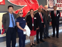 Lamar University College of Engineering Dean and Department Chairs with alumna Anita Riddle on a tour of the ExxonMobil Houston Campus
