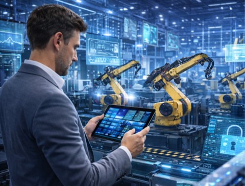 a cyber engineer operates control screen in a modernized factory with lots of robotic machines.