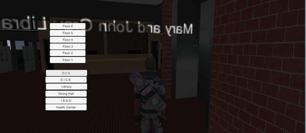 The avatar facing the library reception desk