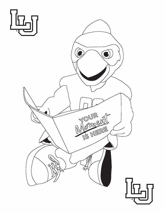 Coloring page of Big Red reading a book titled Your Moment is Here
