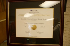 Student Health Center Accreditation Certificate