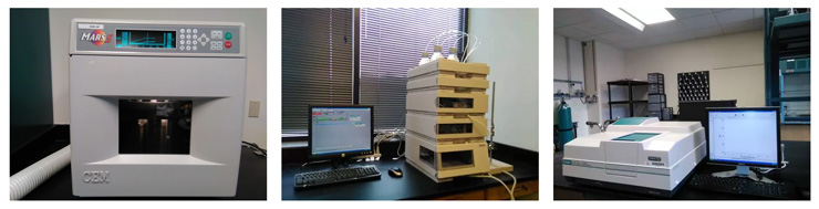 CEM MARS5 Microwave Accelerated Reaction System, Agilent 1100 series HPLC, Cary Varian 100 Bio UV-Vis Spectrophotometer