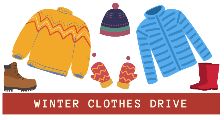 Winter Clothes Drive; images of coats, boots, mittens, and a hat