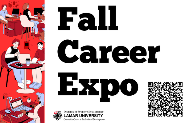 Fall Career Expo; red rectangular graphic to left with 3 cartoon images of people sitting at tables with computers; lamar university division of student engagement center for career and professional development logo