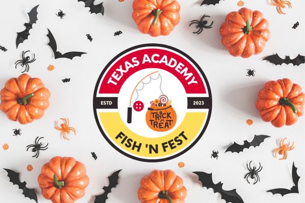 Texas Academy Fish 'n Fest; round logo with fishing rod and trick or treat candy bag attached; pumpkins, bats, and spiders surrounding logo
