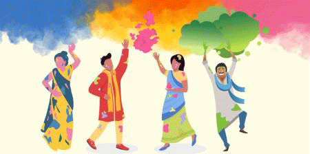 Drawing - men and women in Indian clothing throwing colors in the air