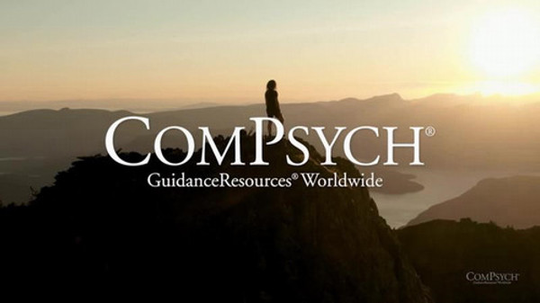 ComPsych Logo, ComPsych GuidanceResources Worldwide, silhouette of person standing on a hill at sunset