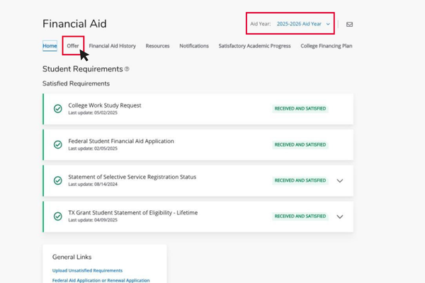 financial aid self service home page