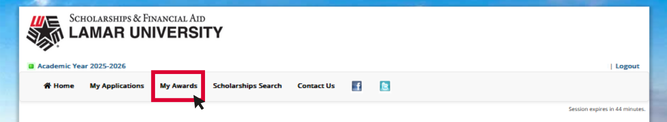 myscholarships page with the My Awards tab highlighted