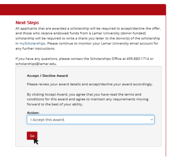 accept/decline award pop-up box
