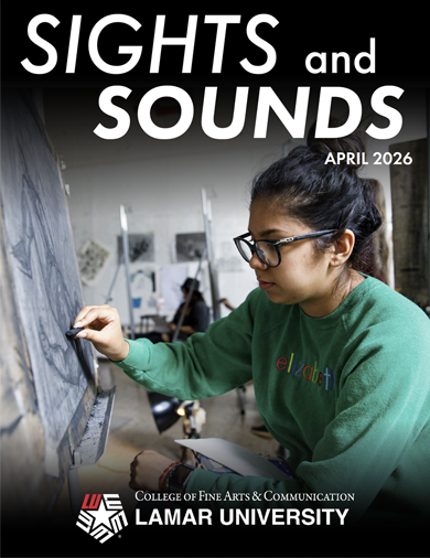 A student drawing in an art studio with the text "SIGHTS and SOUNDS April 2026" above.