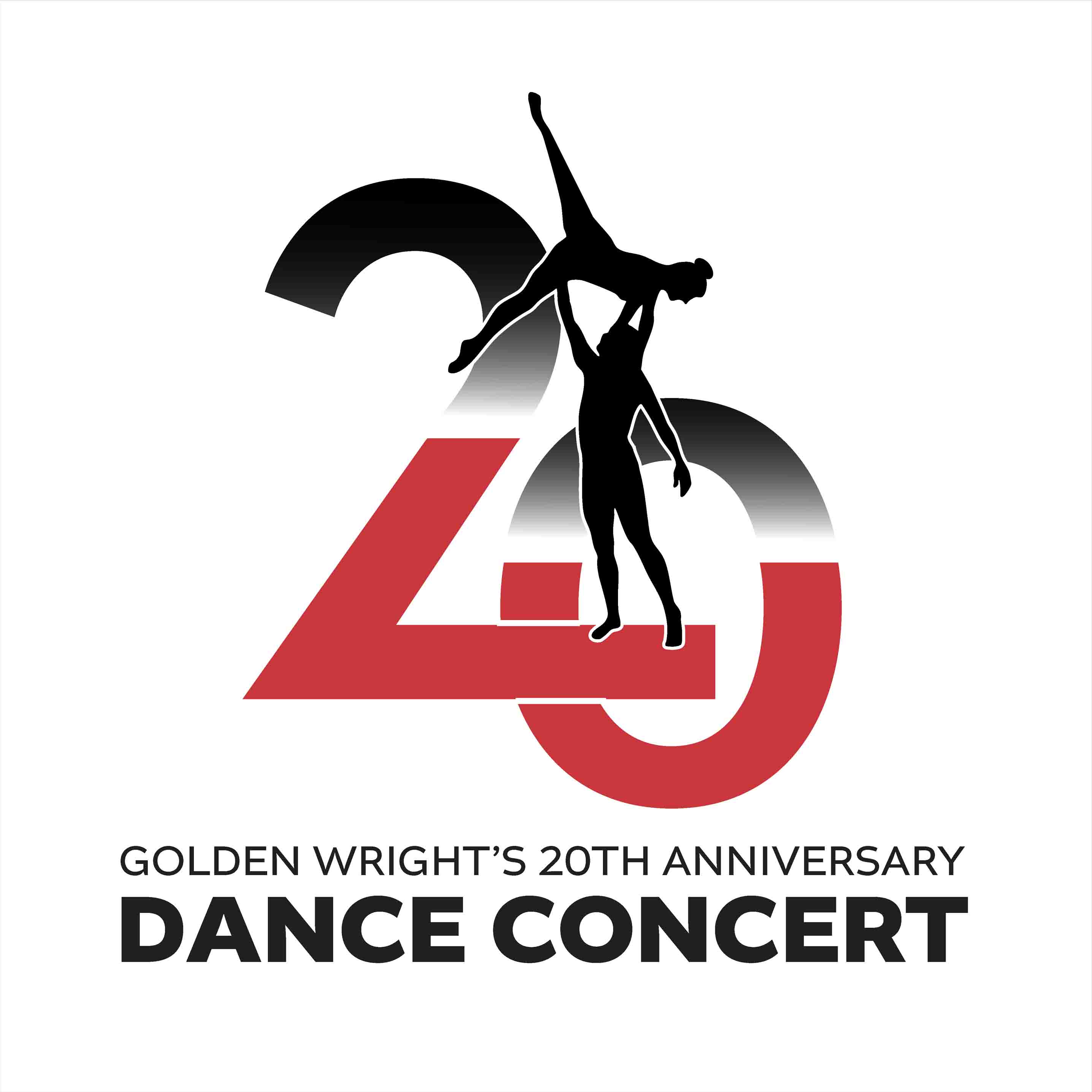 Stylized number "20" with two dancer silhouettes, celebrating a 20th anniversary dance concert.