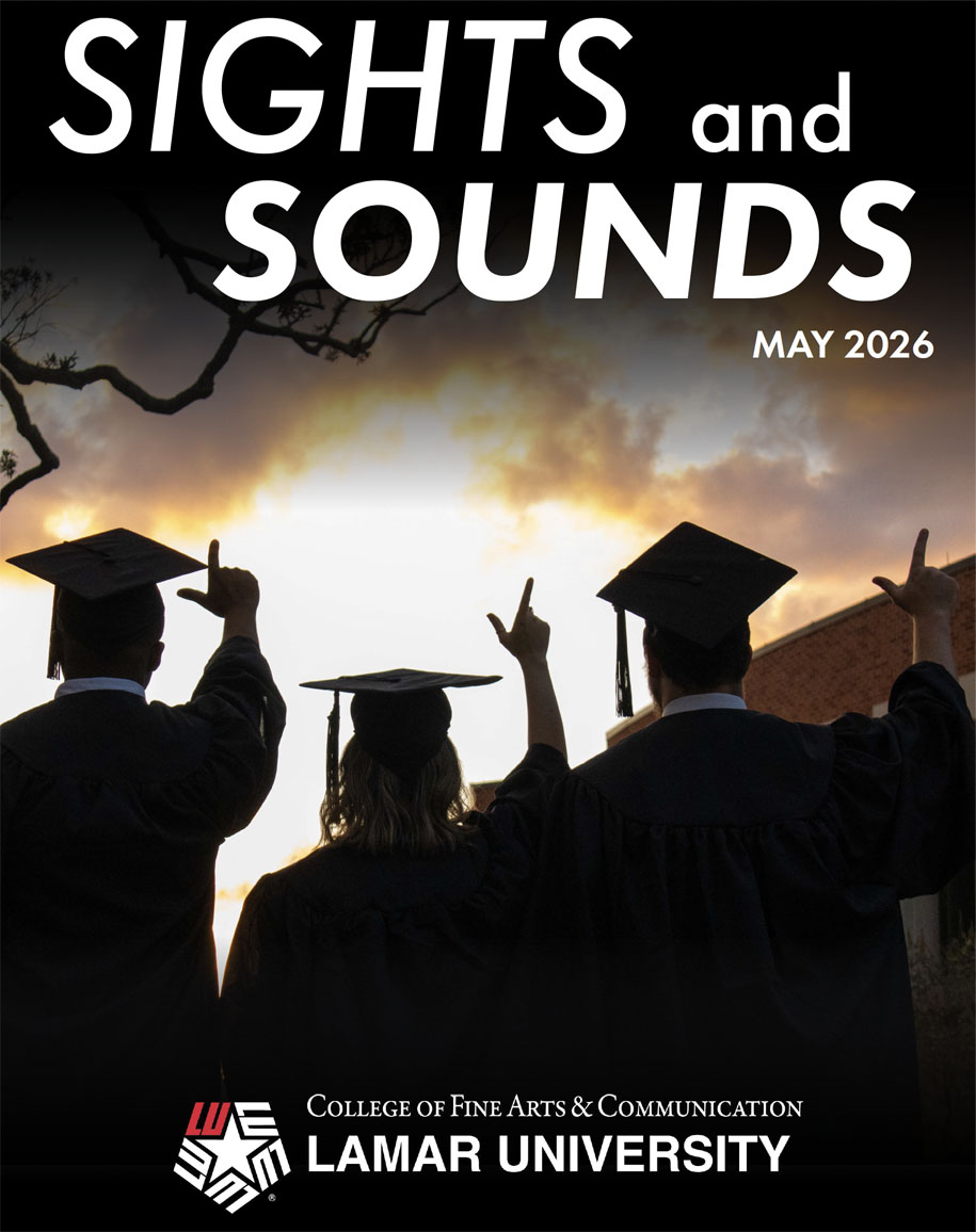 Cover for Sights and Sounds May 2026 with three students in graduation clothing
