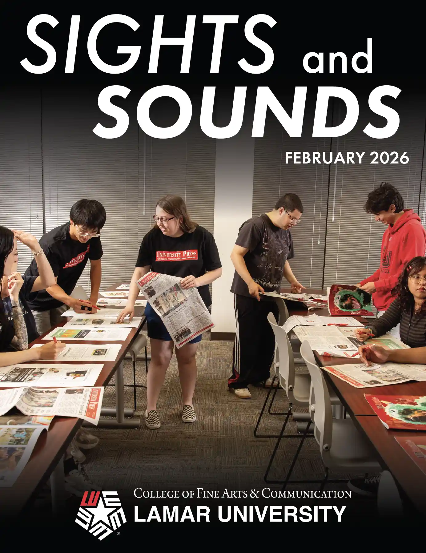 Sights and Sounds February 2026, College of Fine Arts &amp; Communication, Lamar University. A group of students between two tables, looking over magazines and newspapers.