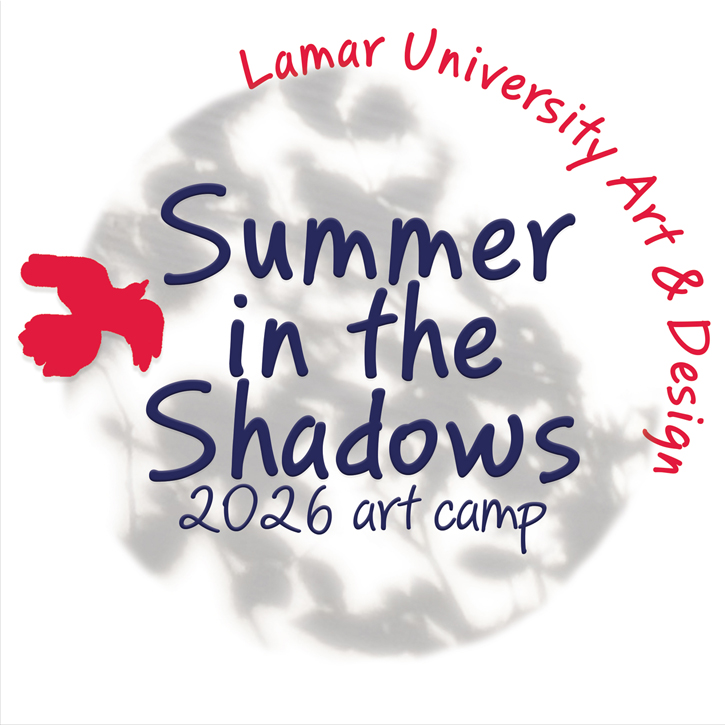 "Promotional graphic for 'Summer in the Shadows 2026 art camp' by Lamar University Art &amp; Design with a tree shadow background."