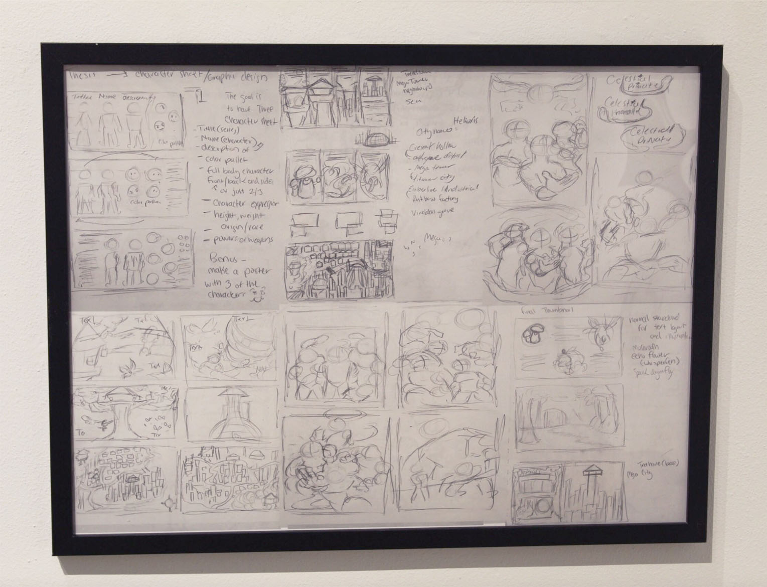 Framed paper with pencil sketches and handwritten notes, resembling a storyboard or concept design.