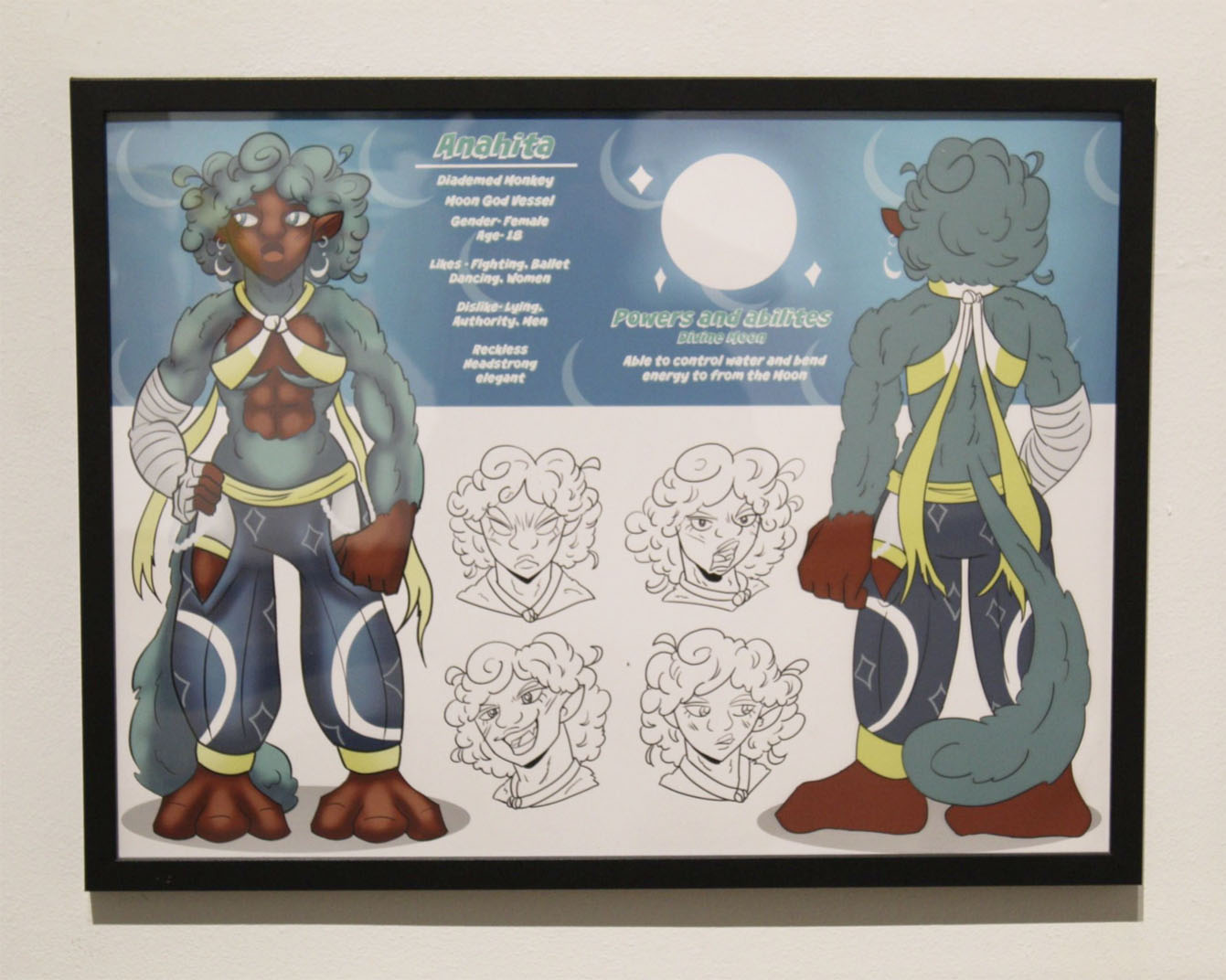 Character sheet with a front and back view of an animated figure, along with facial expression sketches.