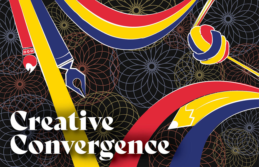 Abstract design with colorful ribbons and the words "Creative Convergence."