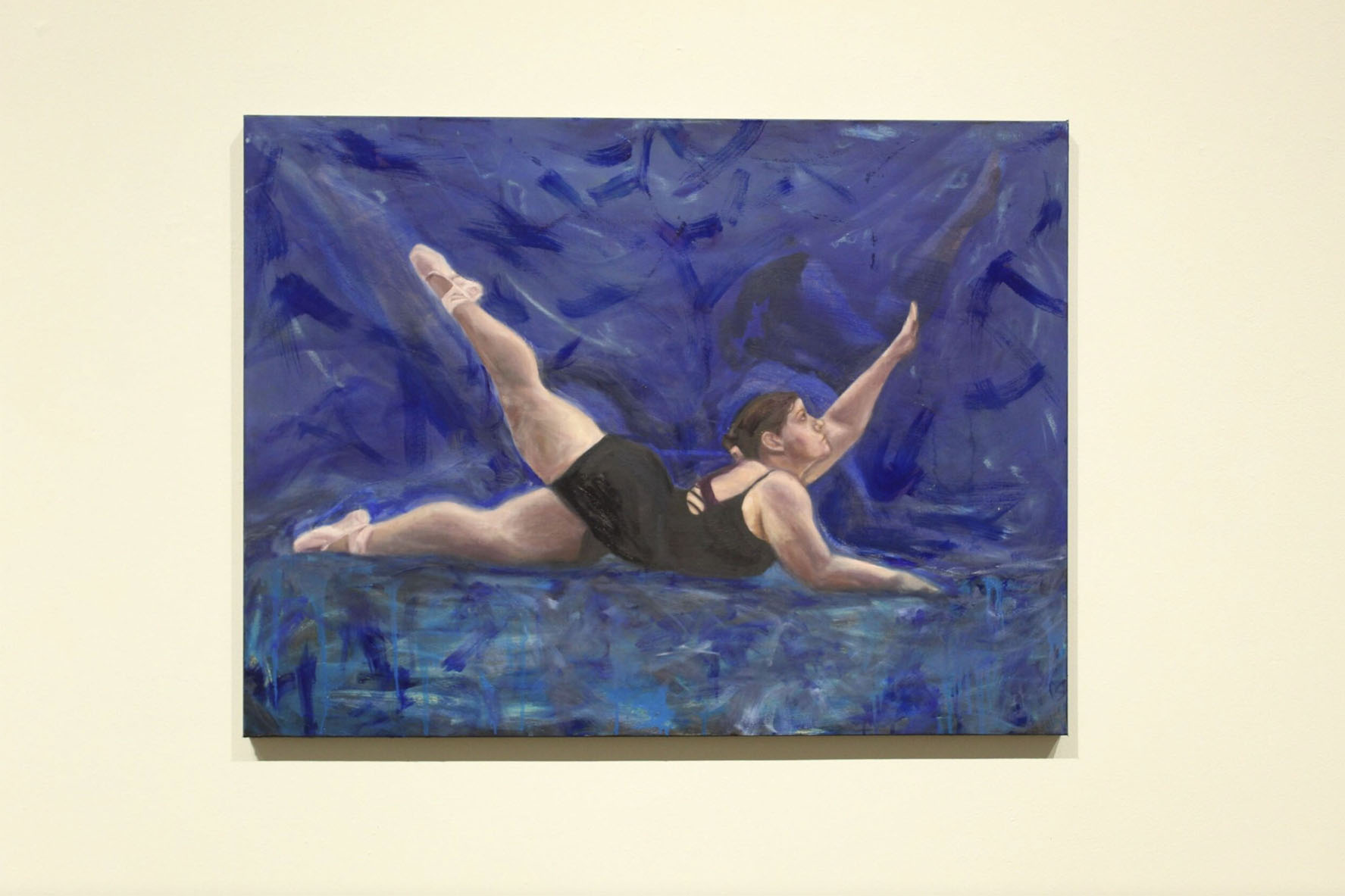 A painting of a dancer in a black leotard with one leg raised, set against a swirling blue background.