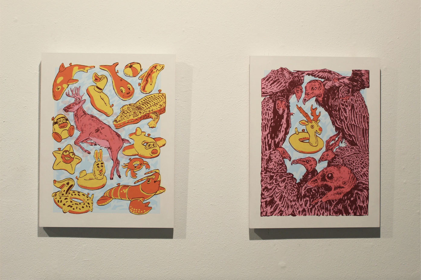 Two illustrations featuring colorful inflatable pool toys and vultures.