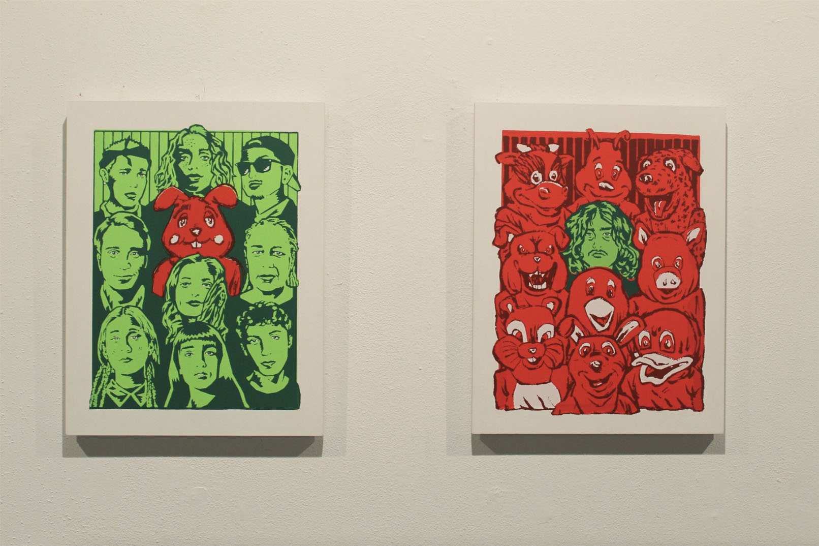 Two artworks featuring green human faces with a red animal figure in the first, and red animal caricatures with a green human face in the second.