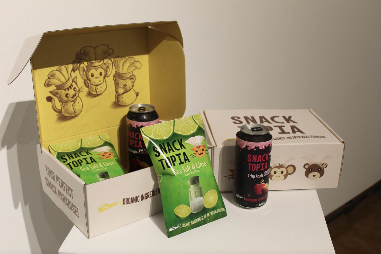 Open boxes displaying “SNACK TOPIA” chips and soda with cartoon animal illustrations.
