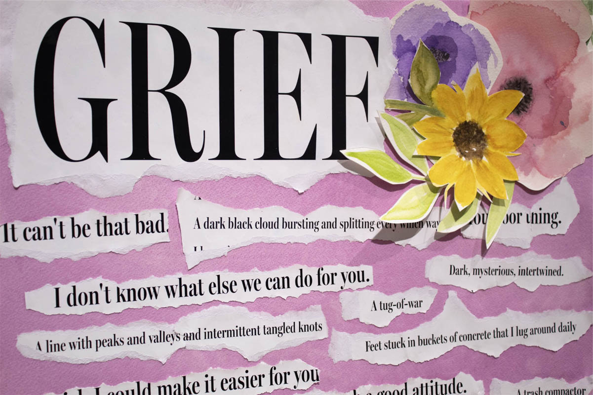 Collage featuring the word "GRIEF" with torn paper strips and watercolor flowers on a pink background.