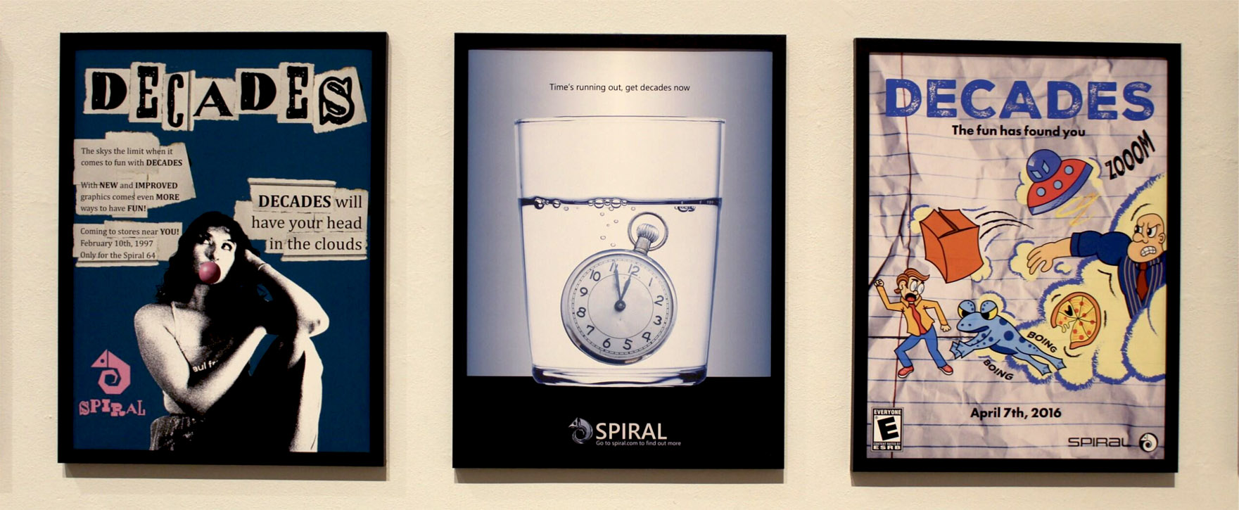Three posters promoting "DECADES," with varied styles: a bubblegum-blowing person, a submerged stopwatch, and cartoon imagery.