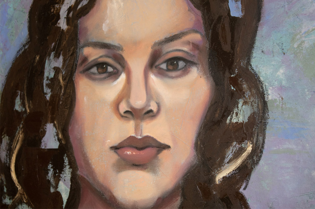 Portrait painting of a person's face with dark wavy hair and a neutral expression, set against a blue and purple background.