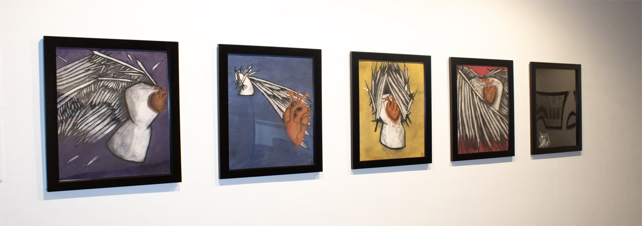 Series of five framed abstract heart artworks on a white wall with varying backgrounds.