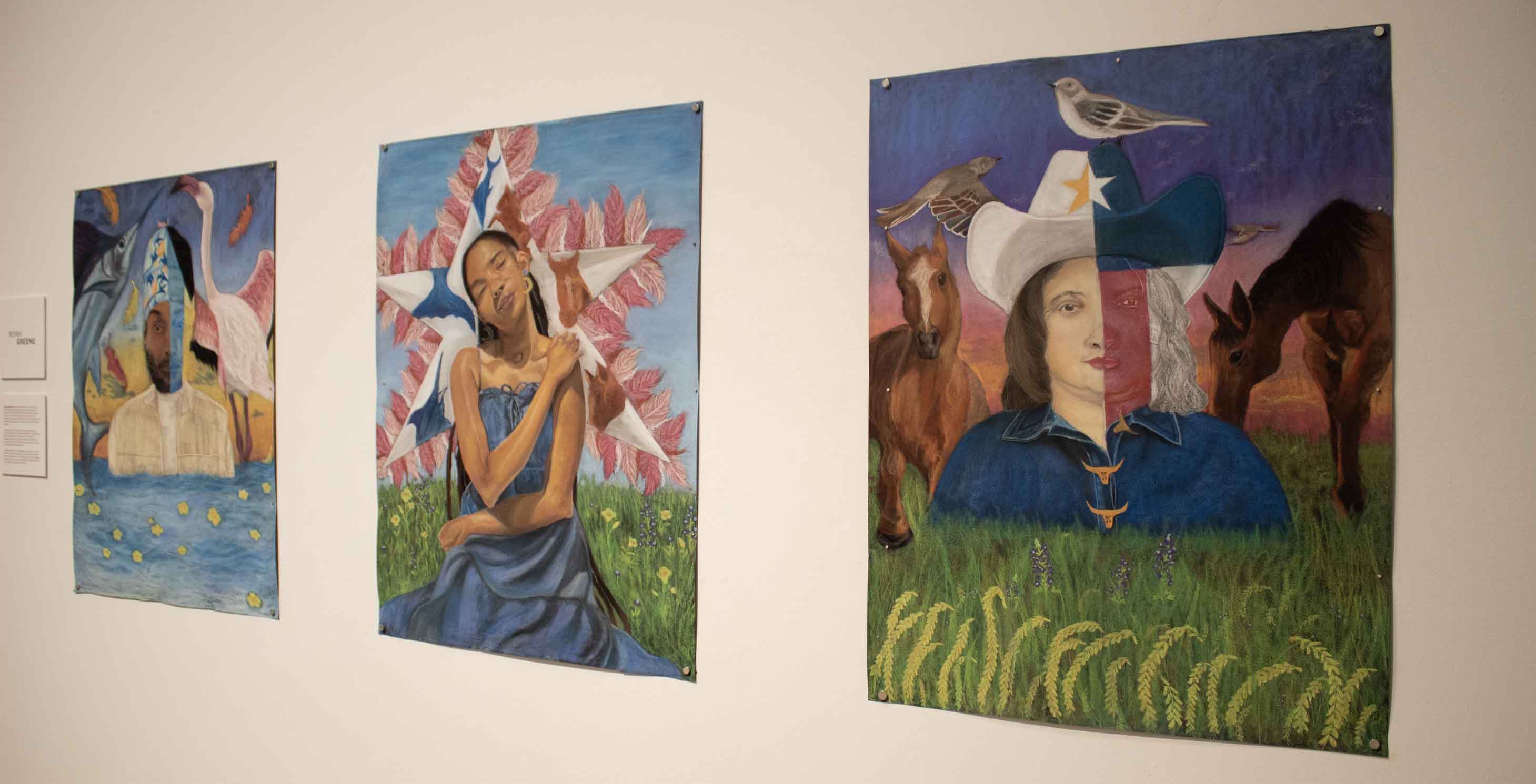 Three paintings on a wall, each featuring a person surrounded by nature.