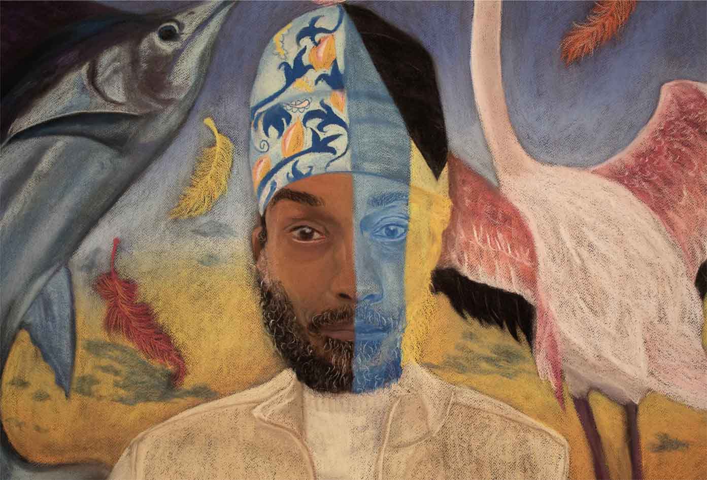 Surreal portrait of a man with a divided face, a swordfish, and a flamingo.