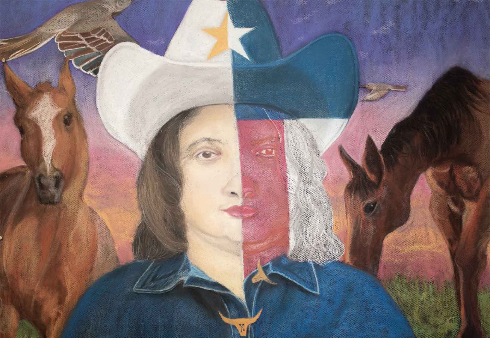 A split portrait of two faces wearing a Texas-themed cowboy hat, with horses and birds in the background.
