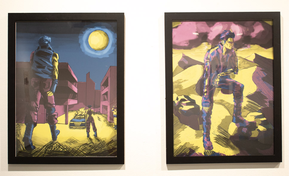 Two artworks: one of a nighttime city scene with a figure in the foreground, the other of a person in a desert-like landscape under a purple-pink sky.