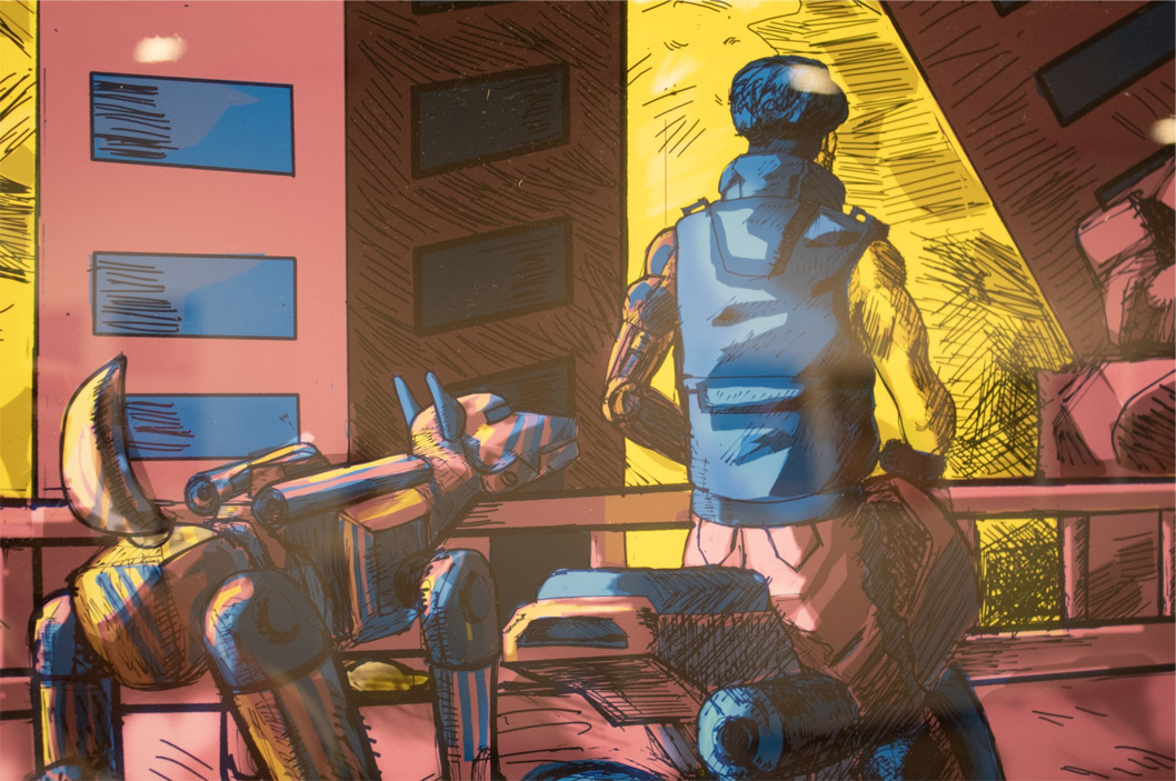 A person in a vest and a robotic dog in a futuristic cityscape with colorful buildings and a yellow sky.