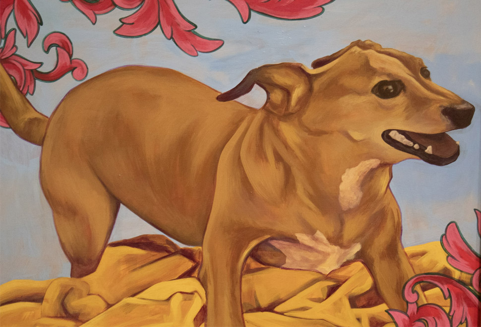 Painting of a tan dog on yellow cloth with red floral patterns against a blue background.