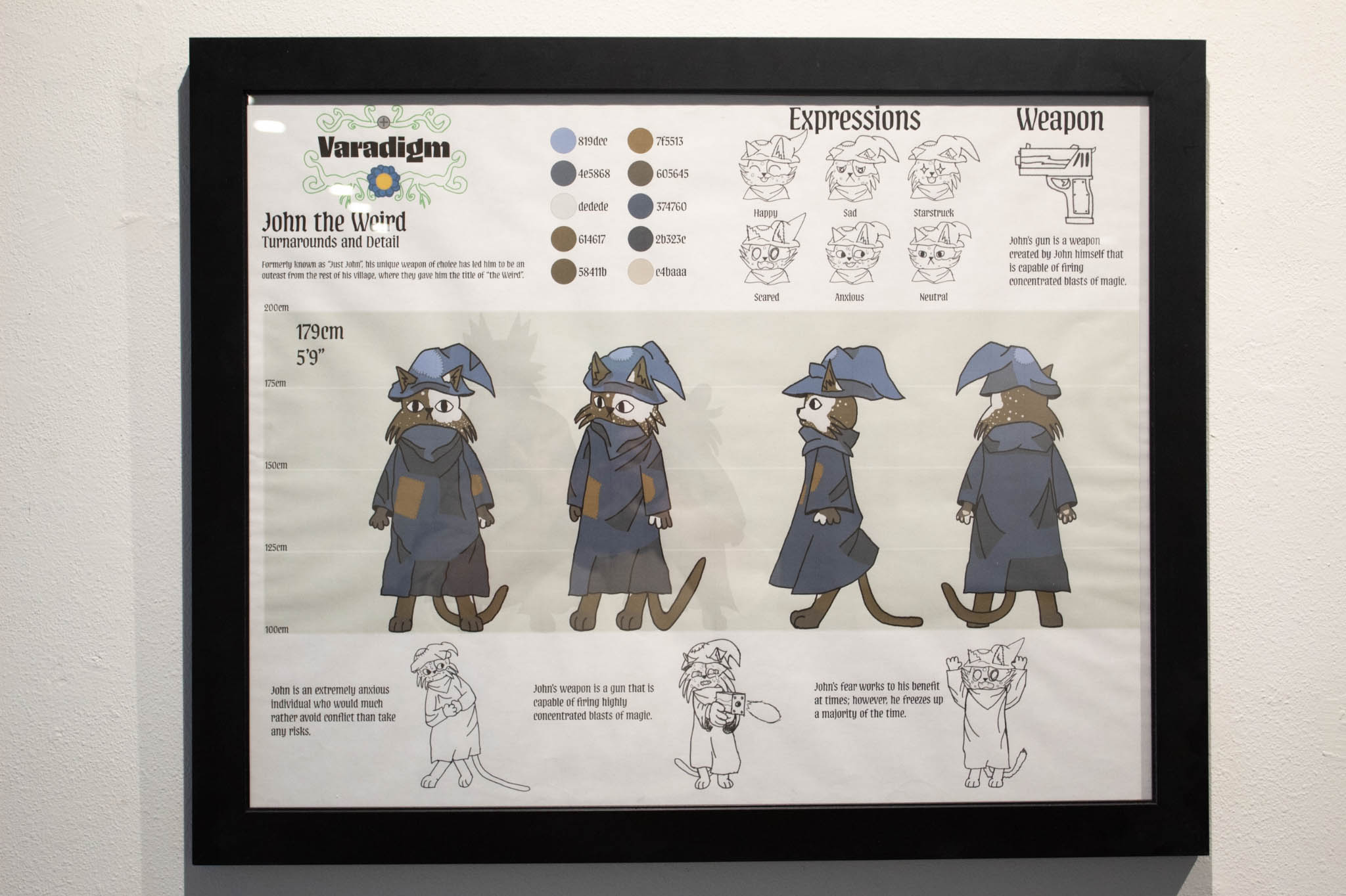 Character design sheet of John the Weird with turnarounds, expressions, and weapon illustration.