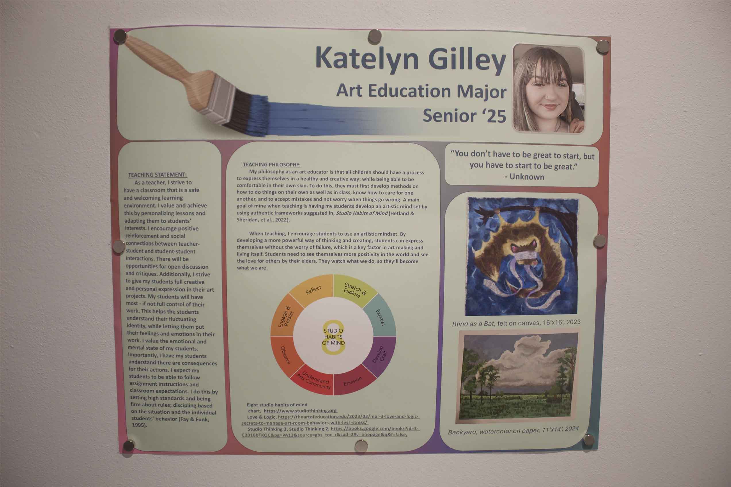 Poster for Katelyn Gilley, Art Education Major, featuring teaching philosophy, artworks, and a Studio Habits of Mind chart.
