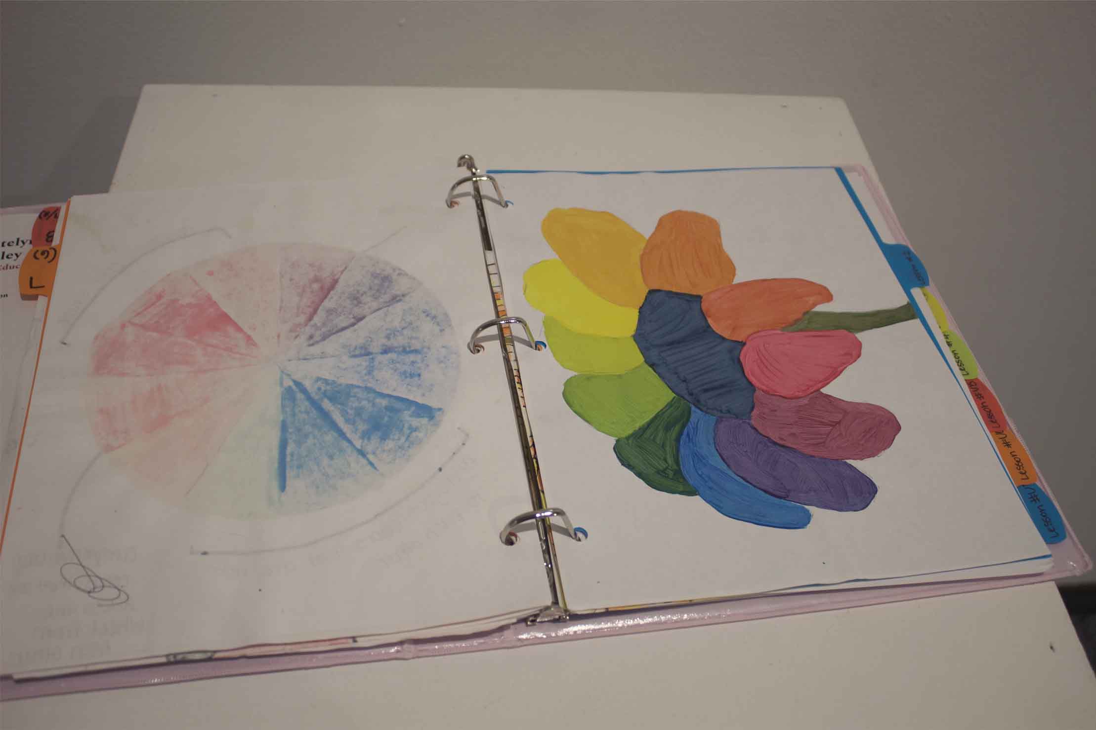 Open binder with a faded color wheel on the left and colorful petal shapes on the right.