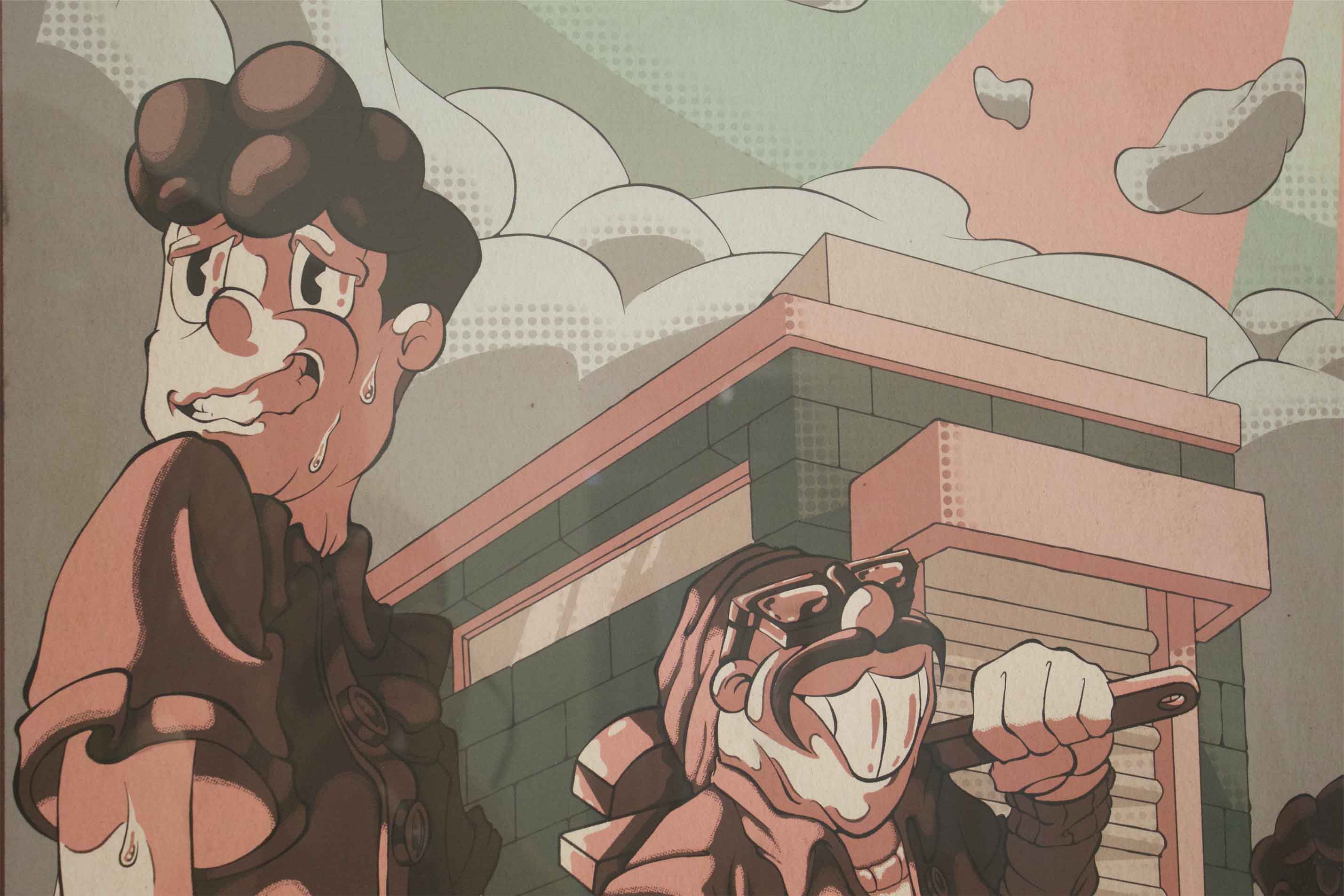 Cartoon illustration of two characters in front of a building, with clouds and a striped sky background.