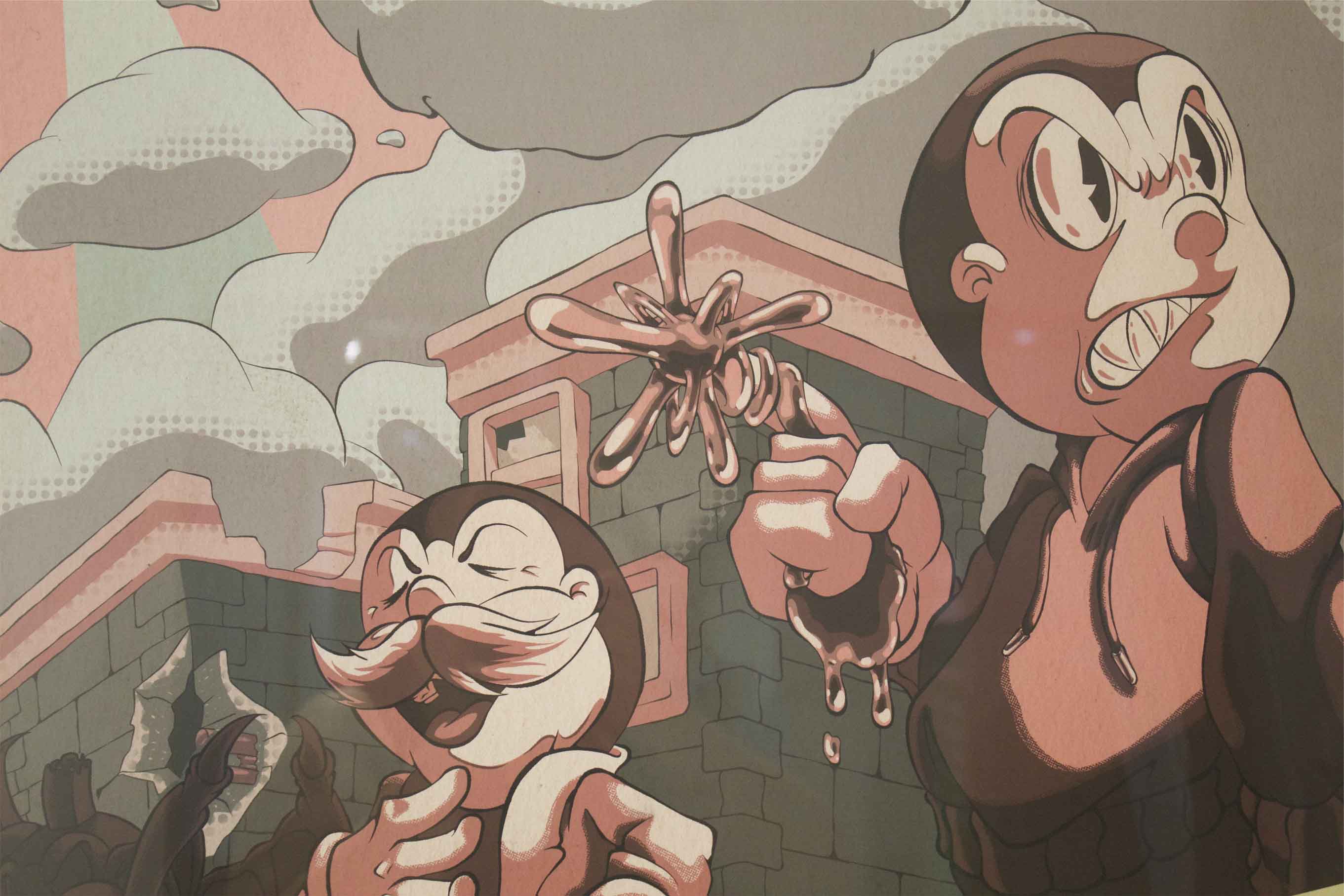 Two vintage cartoon characters with expressive faces, one holding a metallic, dripping substance, in front of a brick building and clouds.