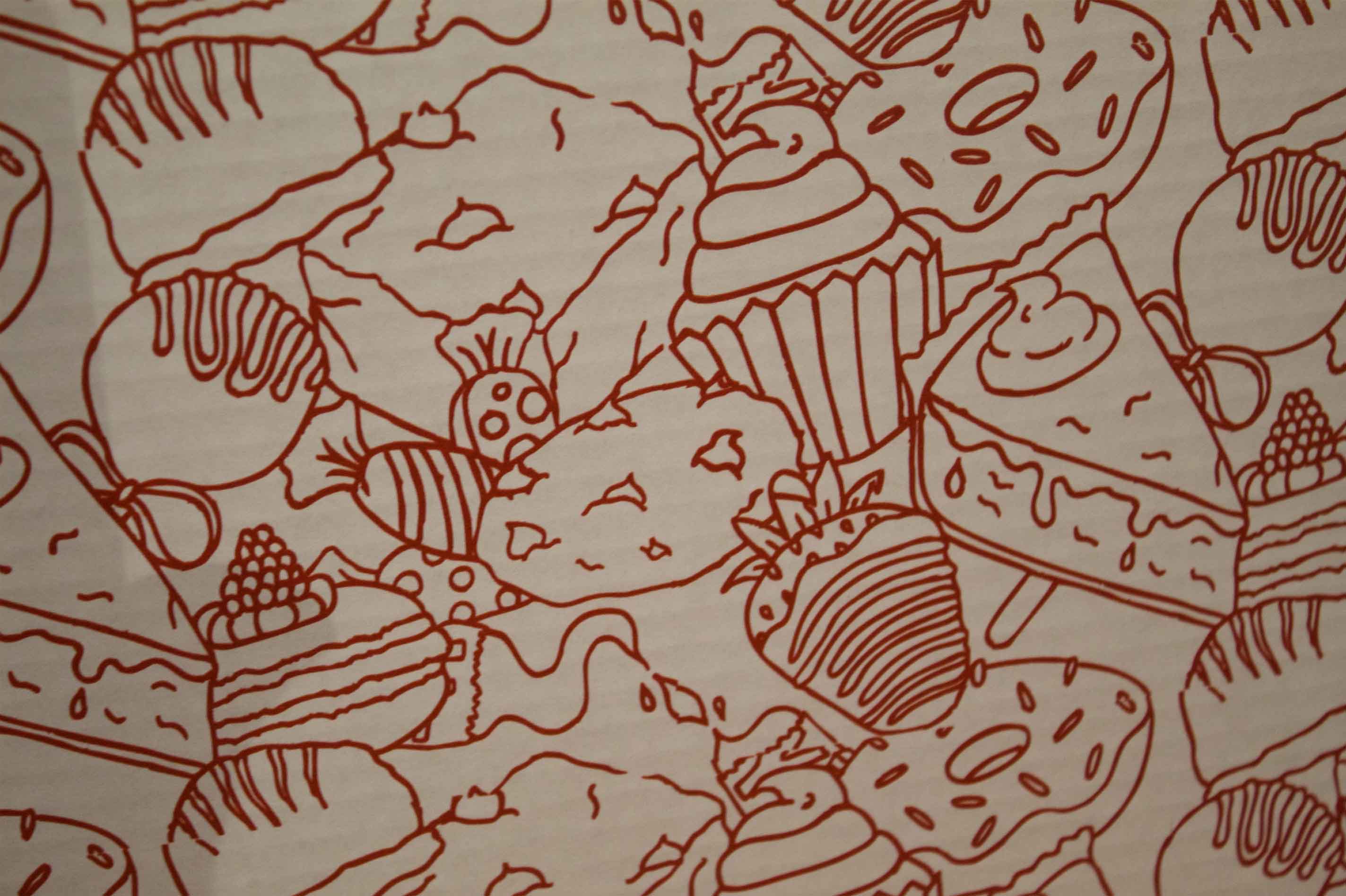 Pattern of various desserts and sweets in red line art on a beige background, including cupcakes, doughnuts, cookies, cakes, and candies.