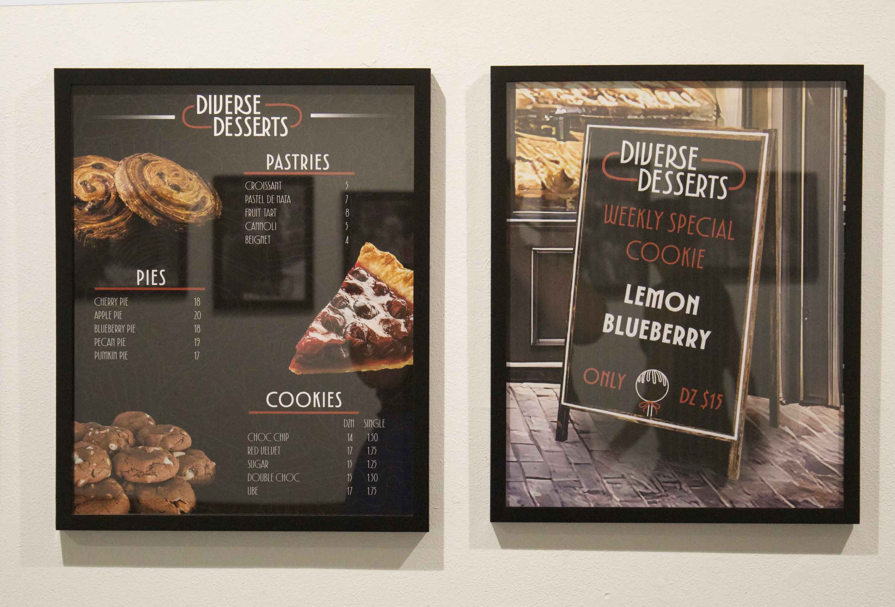 Two posters from Diverse Desserts featuring menu items and a special on Lemon Blueberry cookies.