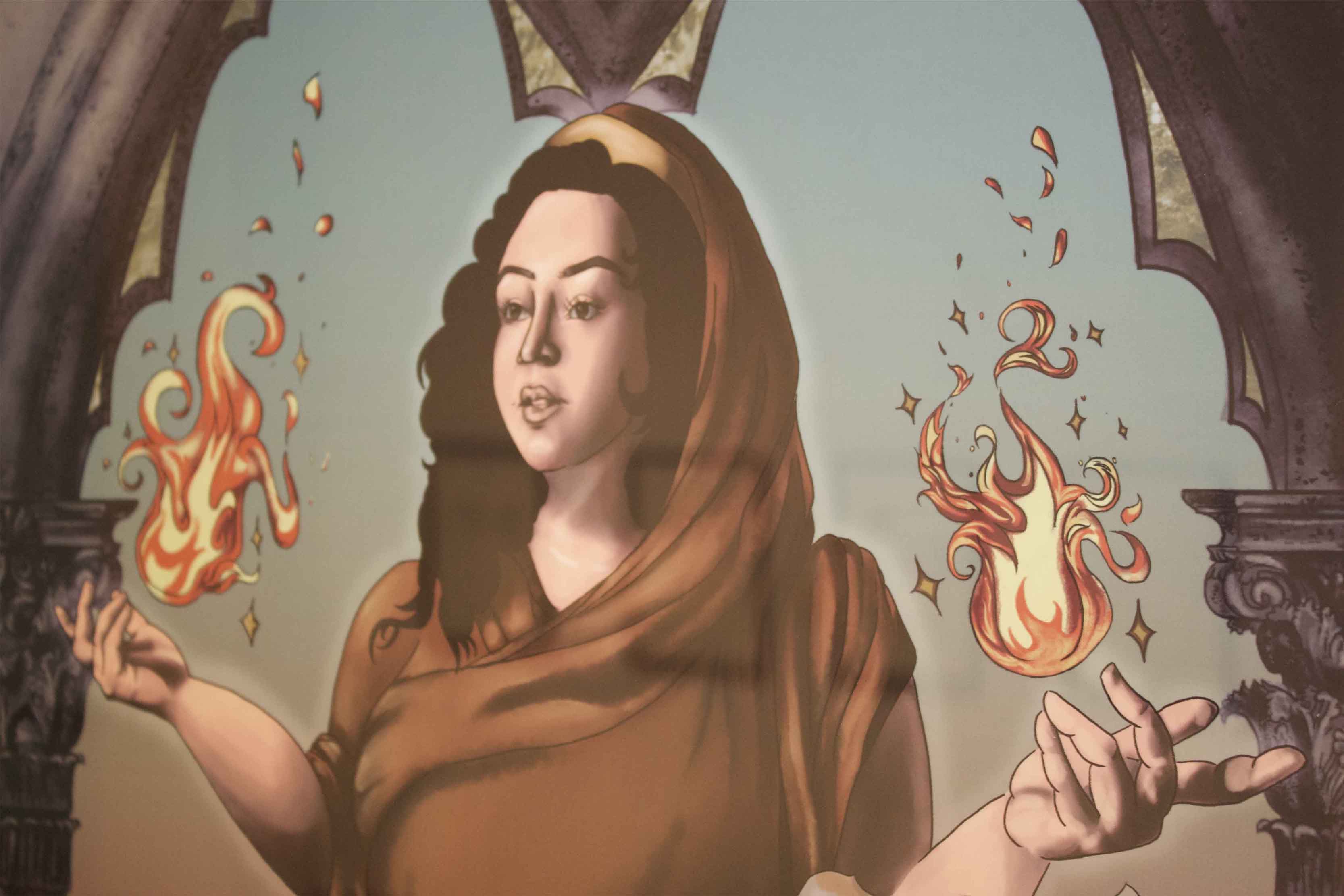 Illustration of a woman in a brown robe with flames in her hands under an ornate archway.