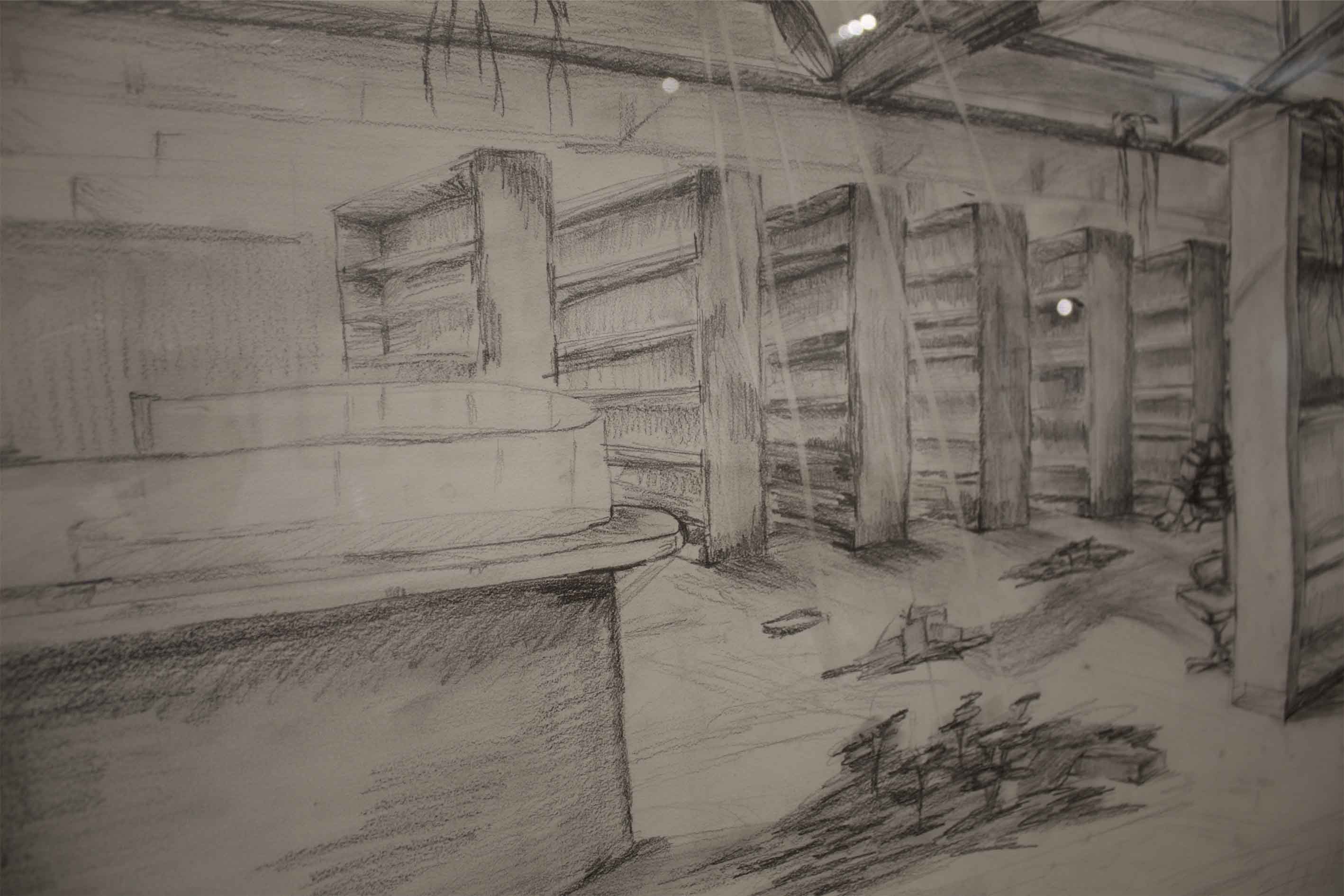 Pencil sketch of an abandoned library with empty bookshelves and a circular counter.